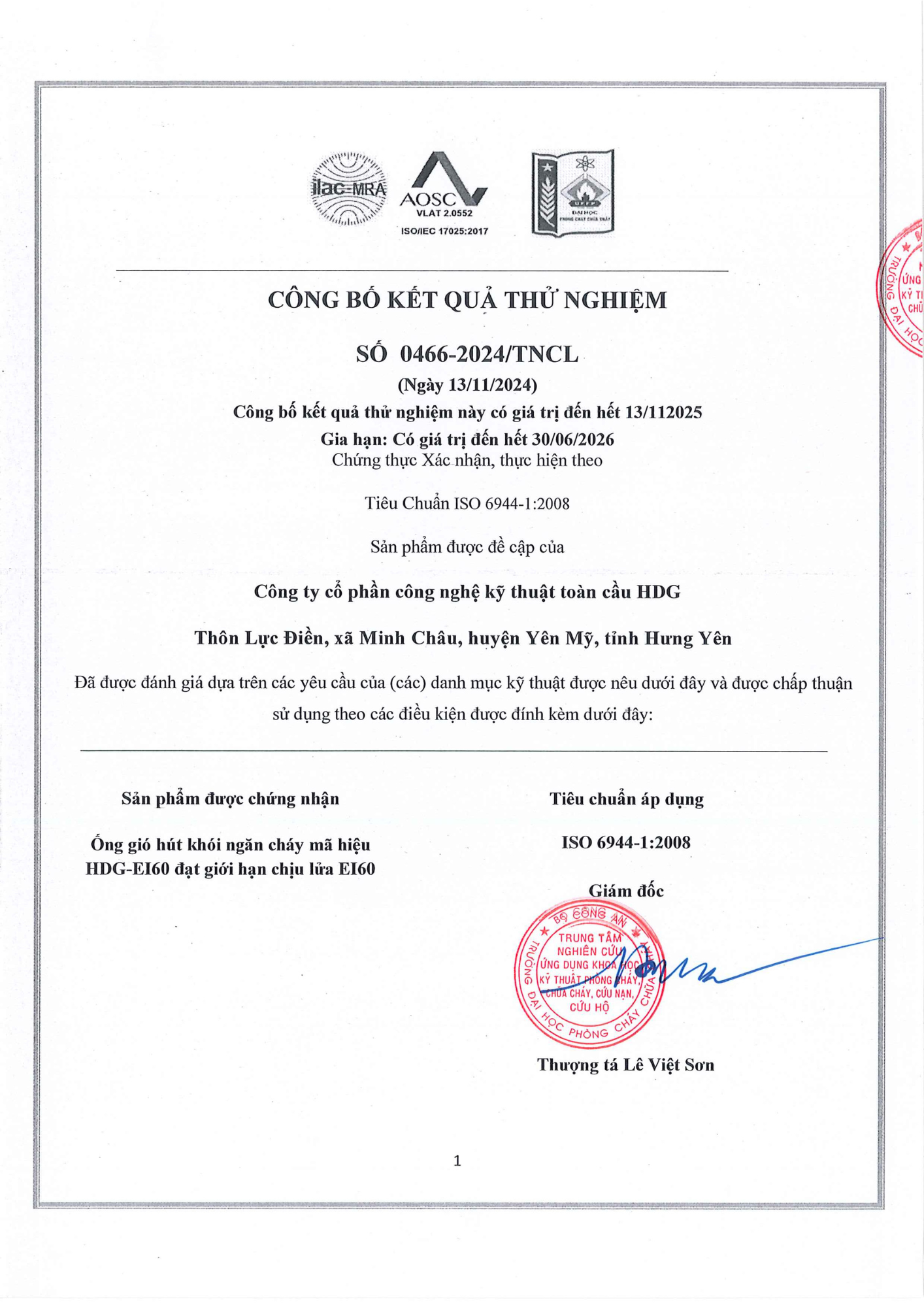 Kết quả thử nghiệm EI60